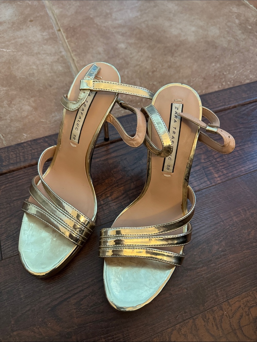 Zara Metallic Gold Strappy Stiletto Sandals